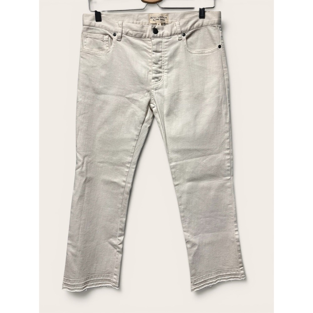 NILI LOTAN Eggshell Crop Jeans 4 Fray Raw Hem Stretch Cream Straight Button Fly